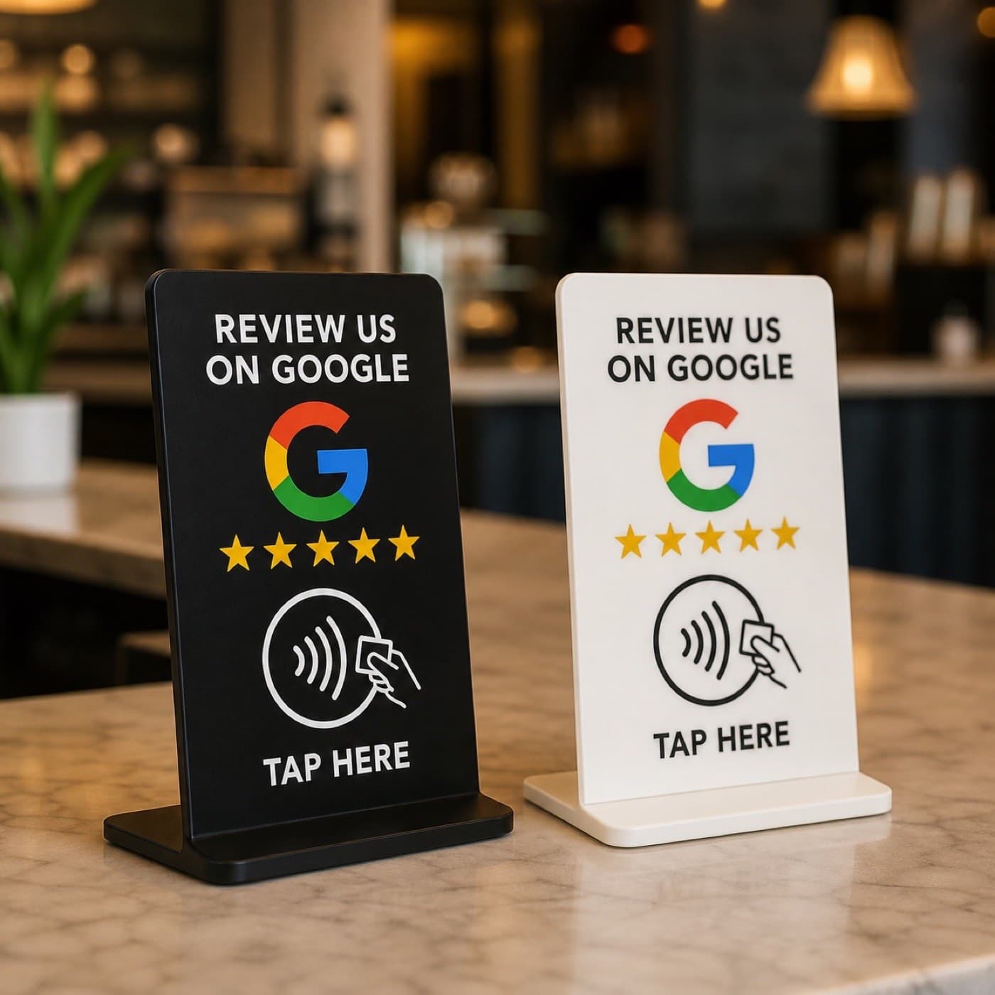 Black and white Google Review NFC counter stands